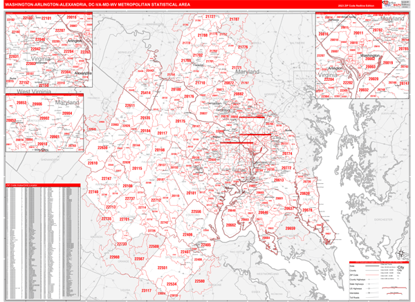 Washington-Arlington-Alexandria Metro Area Wall Map Red Line Style